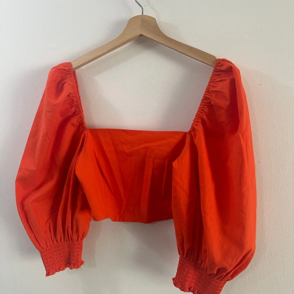 O.P.T. X ANTHROPOLOGIE Orange Square Neck Puff Sleeve Crop SIZE MEDIUM Brunch - Picture 4 of 5